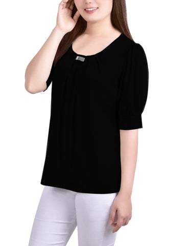 Petite Short Puff Sleeve Sheer Inset Top