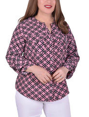 Plus Size 3/4 Roll Tab Sleeve Y-Neck Blouse