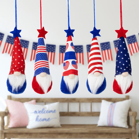 Hearts  Stars and Stripes Patriotic Gnome Ornaments - 6.5" - Set of 5