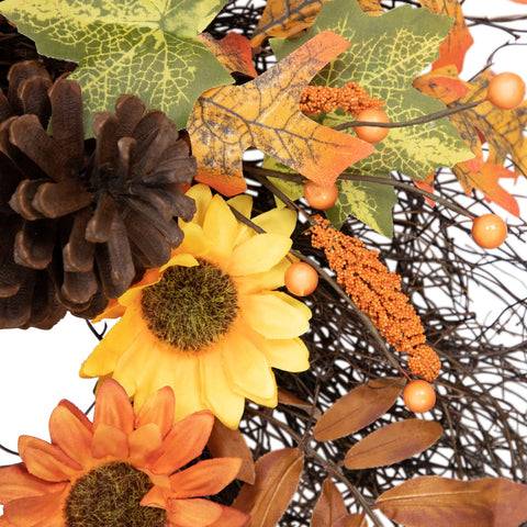 Sunflowers and Pine Cones Fall Artificial Thanksgiving Wreath  24-Inch  Unlit