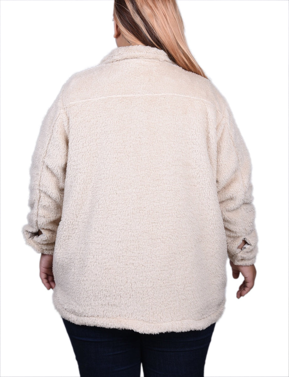  NY Collection Plus Size Long Sleeve Button Front Sherpa Jacket - Ivory - Bonton