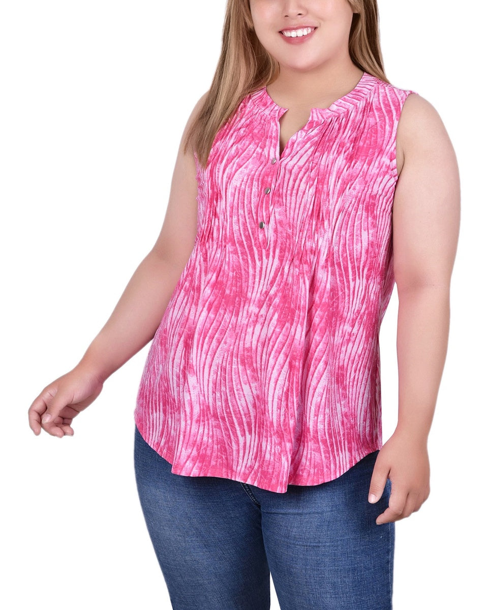  NY Collection Plus Size Sleeveless Jacquard Y Neck Top - Fuschia Swirlbreeze - Bonton