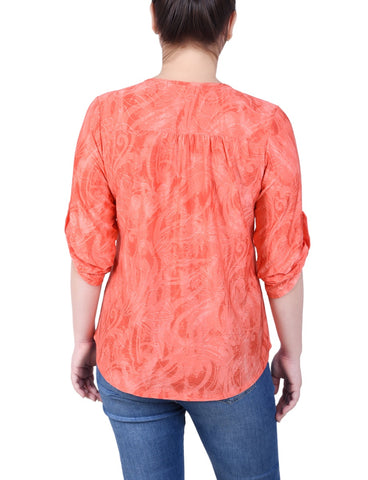 3/4 Roll Tab Zip Front Jacquard Knit Top
