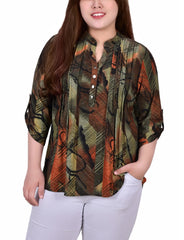 Plus Size 3/4 Roll Tab Sleeve Y Neck Top