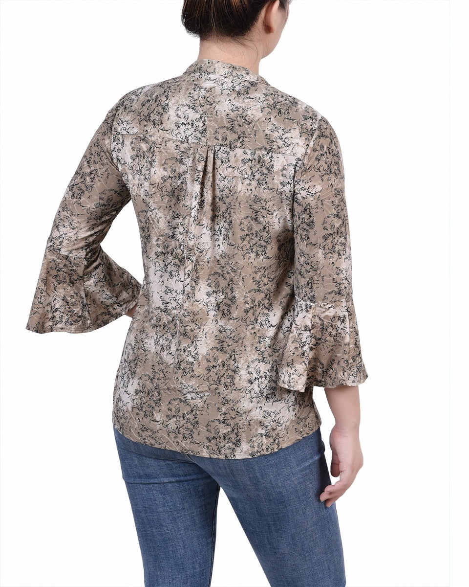  NY Collection Petite 3/4 Bell Sleeve Pleat Front Y Neck Top - Berry Plaid - Bonton
