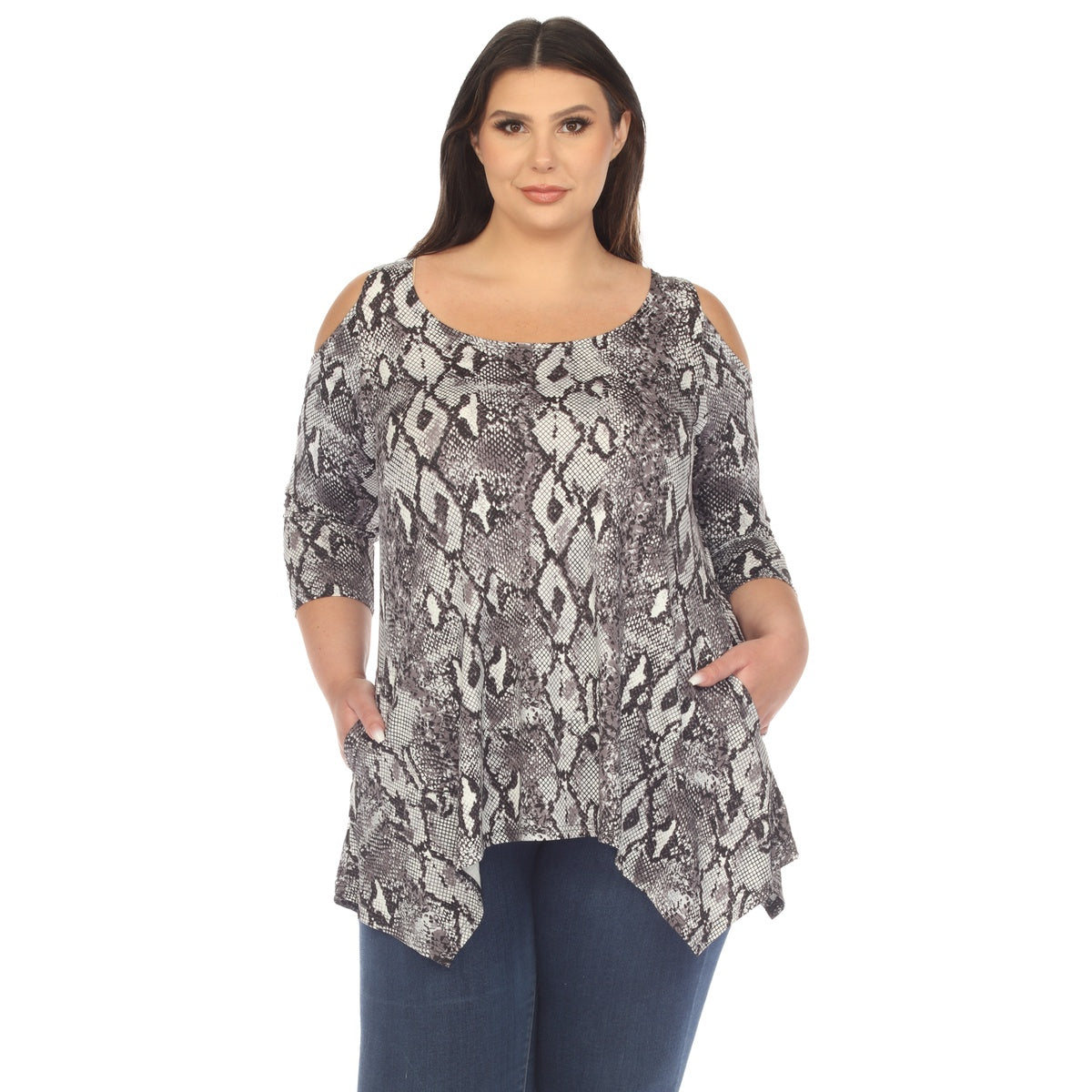  White Mark Plus Size Snake Print Cold Shoulder Tunic - 1X - Bonton