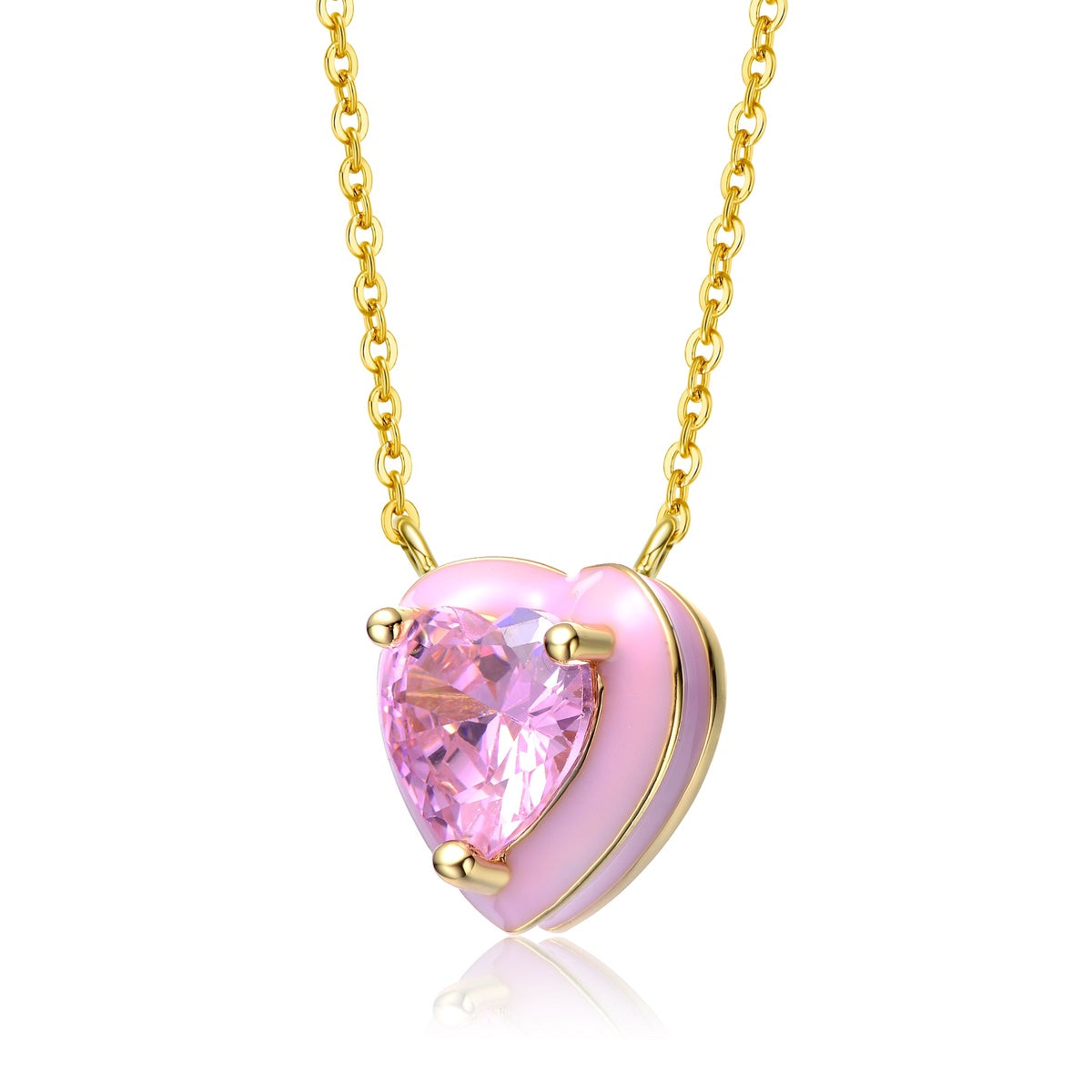  Rachel Glauber Young Adults/Teens 14k Yellow Gold Plated With Pink Cubic Zirconia Pink Enamel Heart Dainty Pendant Layering Necklace - Pink - Bonton