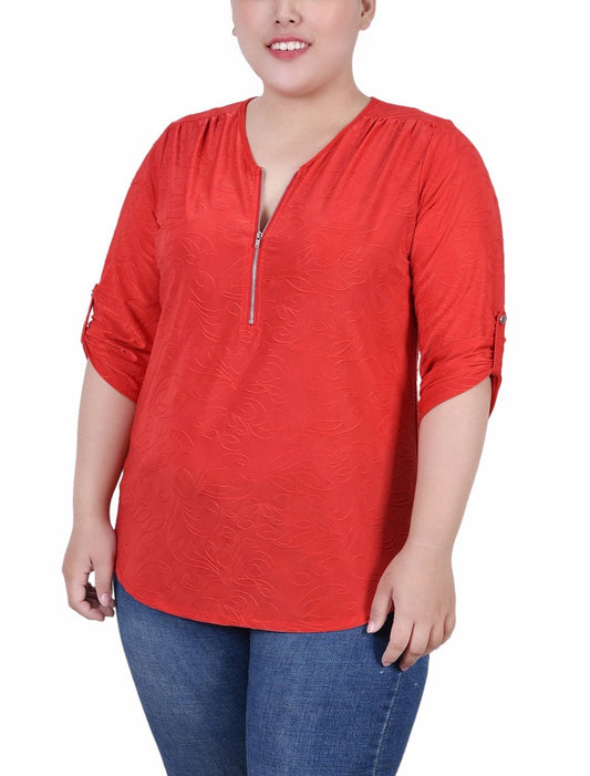 Plus Size 3/4 Roll Tab Zip Front Jacquard Knit Top