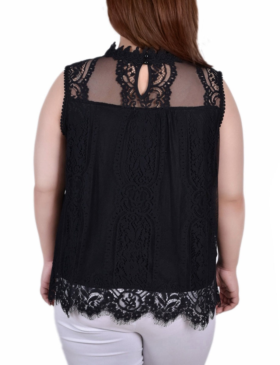  NY Collection Plus Size Sleeveless Mock Neck Lace Top - Black Nude - Bonton