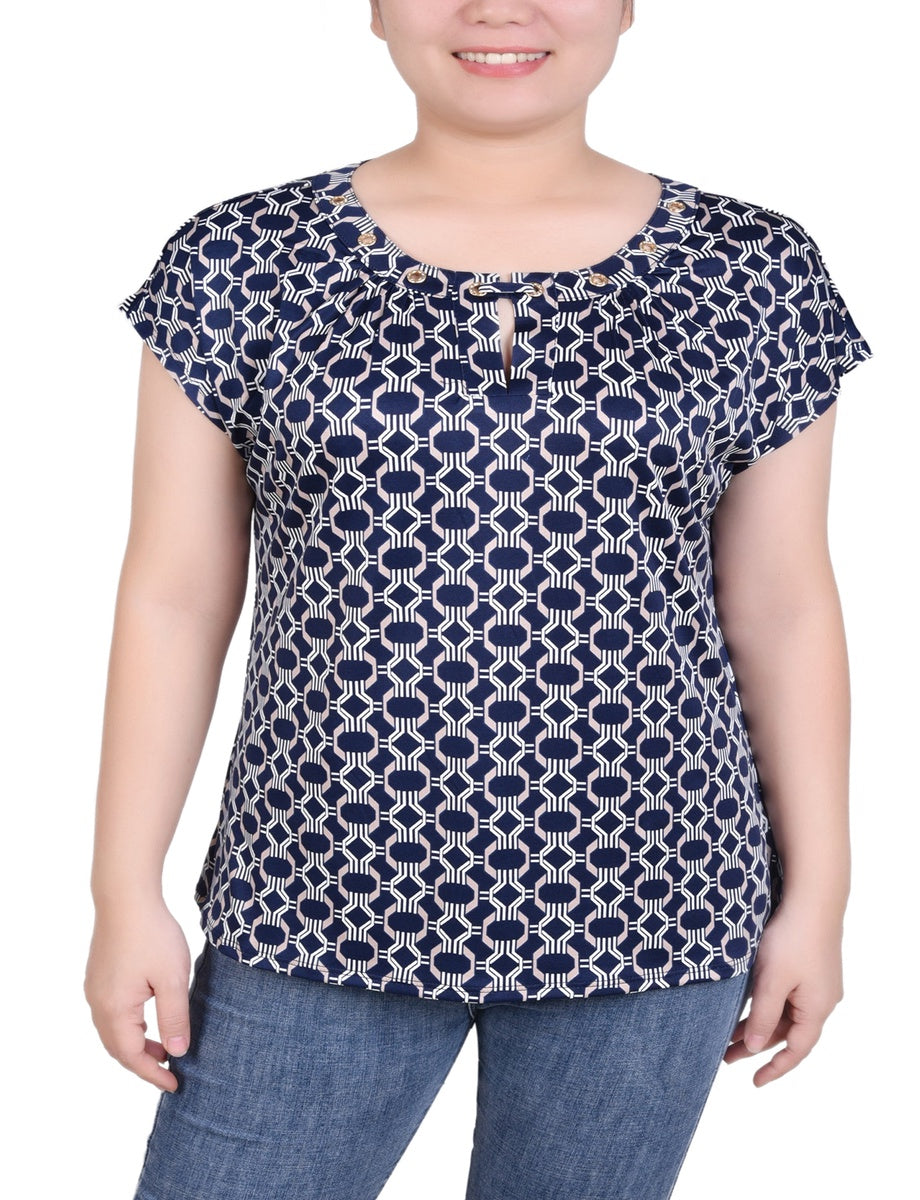  NY Collection Plus Size Extended Sleeve Top With Grommets - Black Blue Taupe Abstract - Bonton