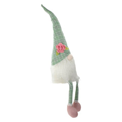 Spring Floral Plaid Gnome Figure With Dangling Legs - 28" - Green and White