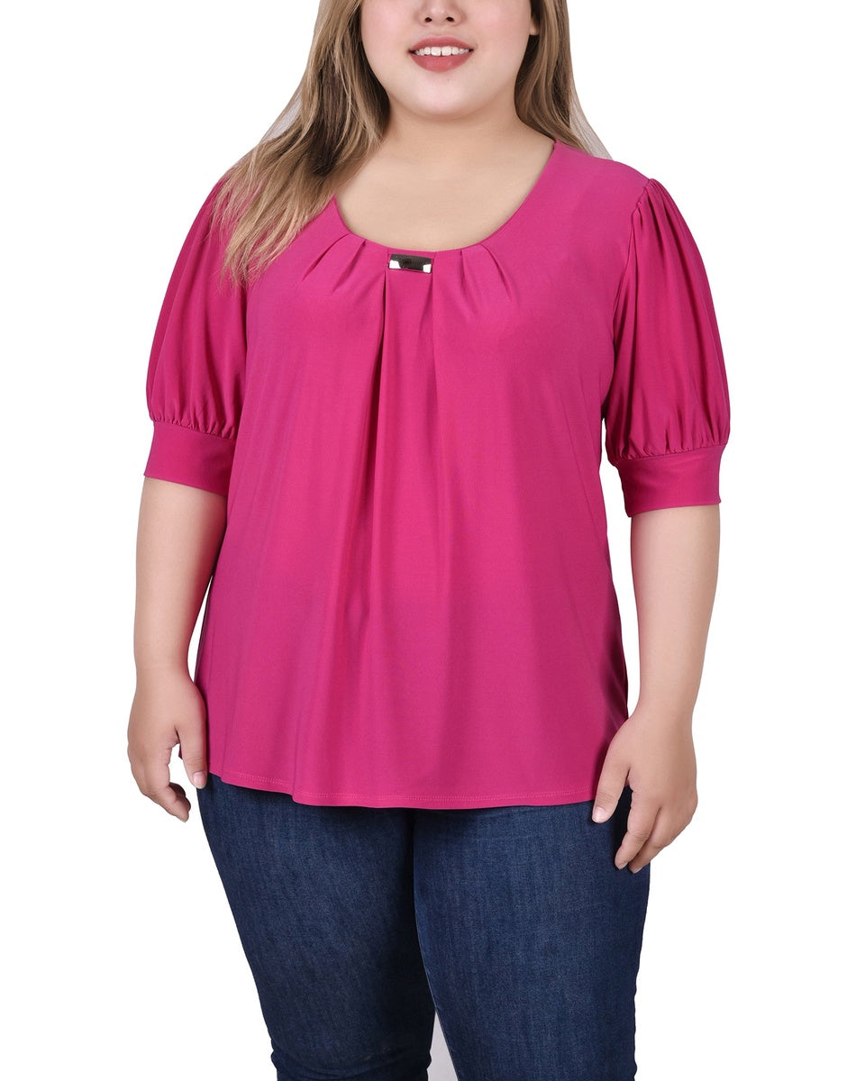  NY Collection Plus Size Short Sleeve Balloon Sleeve Top With Hardware - Bittersweet - Bonton