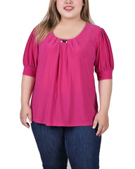 Plus Size Short Sleeve Balloon Sleeve Top With Hardware