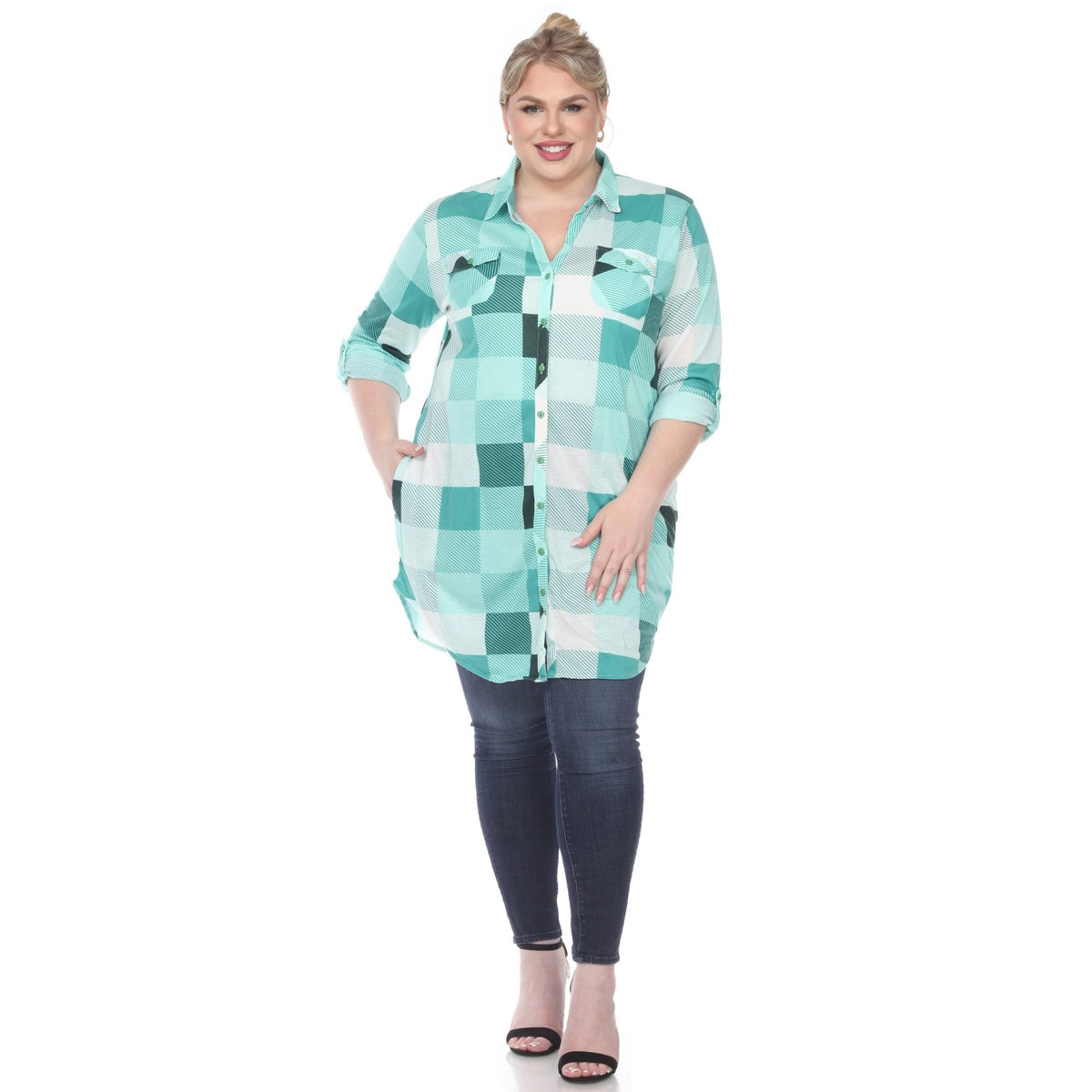  White Mark Plus Size Plaid Button Down Tunic Shirt - 1X - Bonton