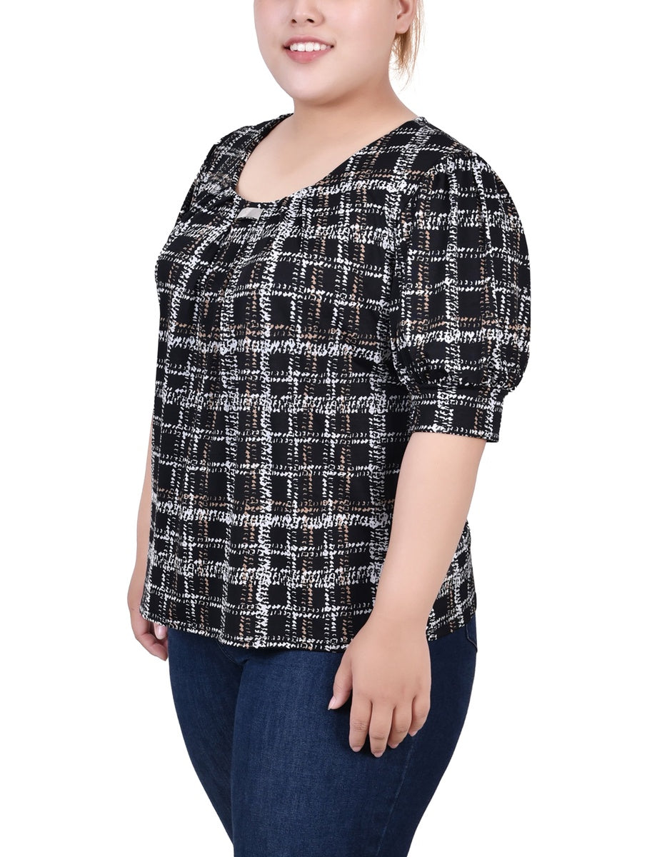  NY Collection Plus Size Short Sleeve Balloon Sleeve Top With Hardware - Black Taupe Zebra - Bonton