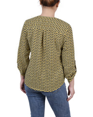 Petite 3/4 Sleeve Roll Tab Y Neck Blouse