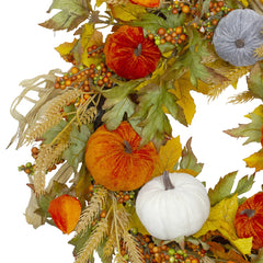 Velvet Pumpkins and Wheat Artificial Fall Harvest Wreath - 24-Inch  Unlit