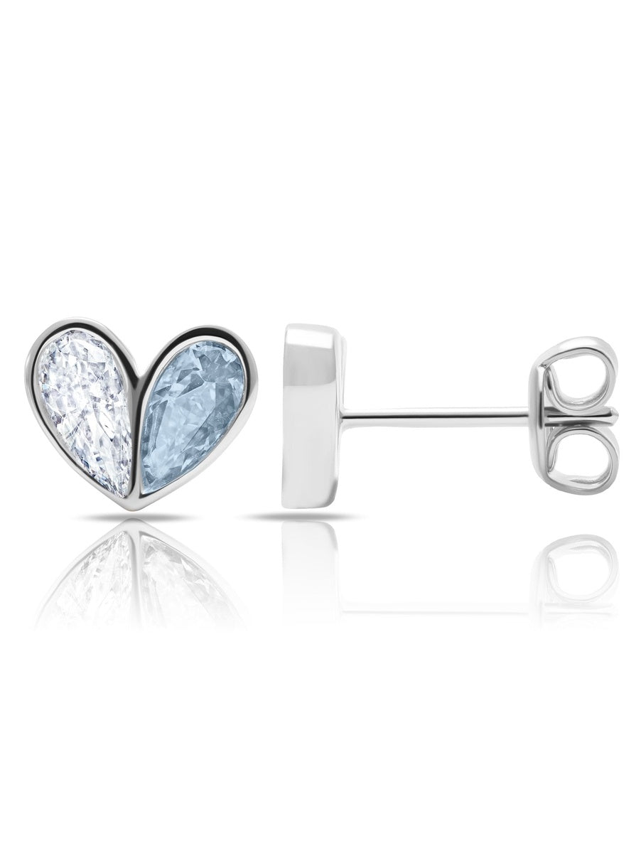  CRISLU Platinum Heart Stud Earrings W/ Aqua Pear Cut Stone - Pure Platinum - Bonton