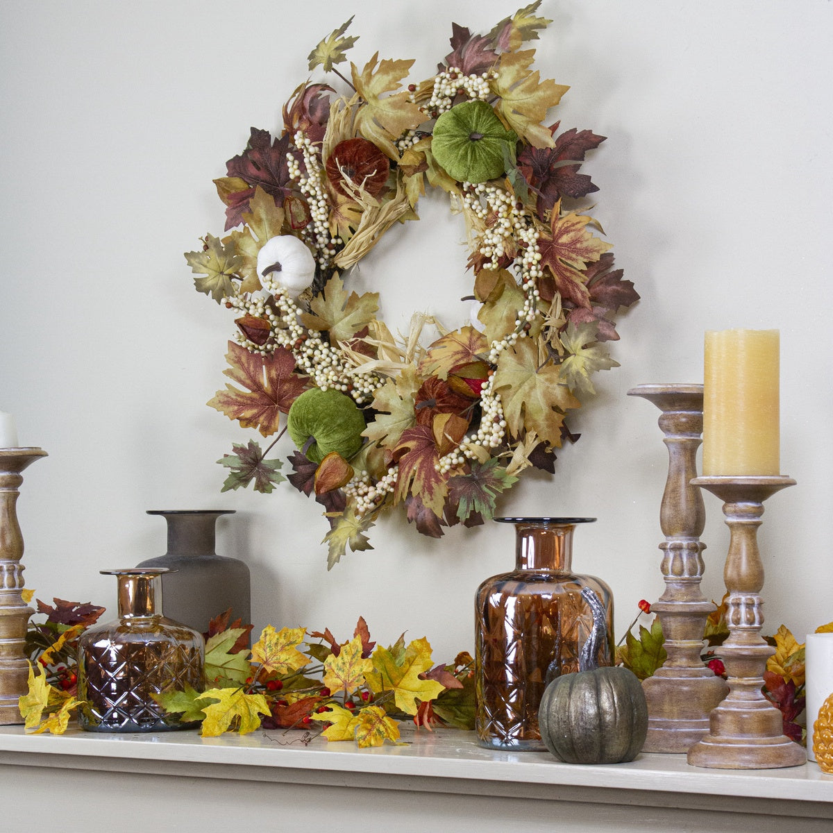  Northlight Green Pumpkins and Straw Artificial Fall Harvest Wreath - 24 Inch  Unlit - Default Title - Bonton