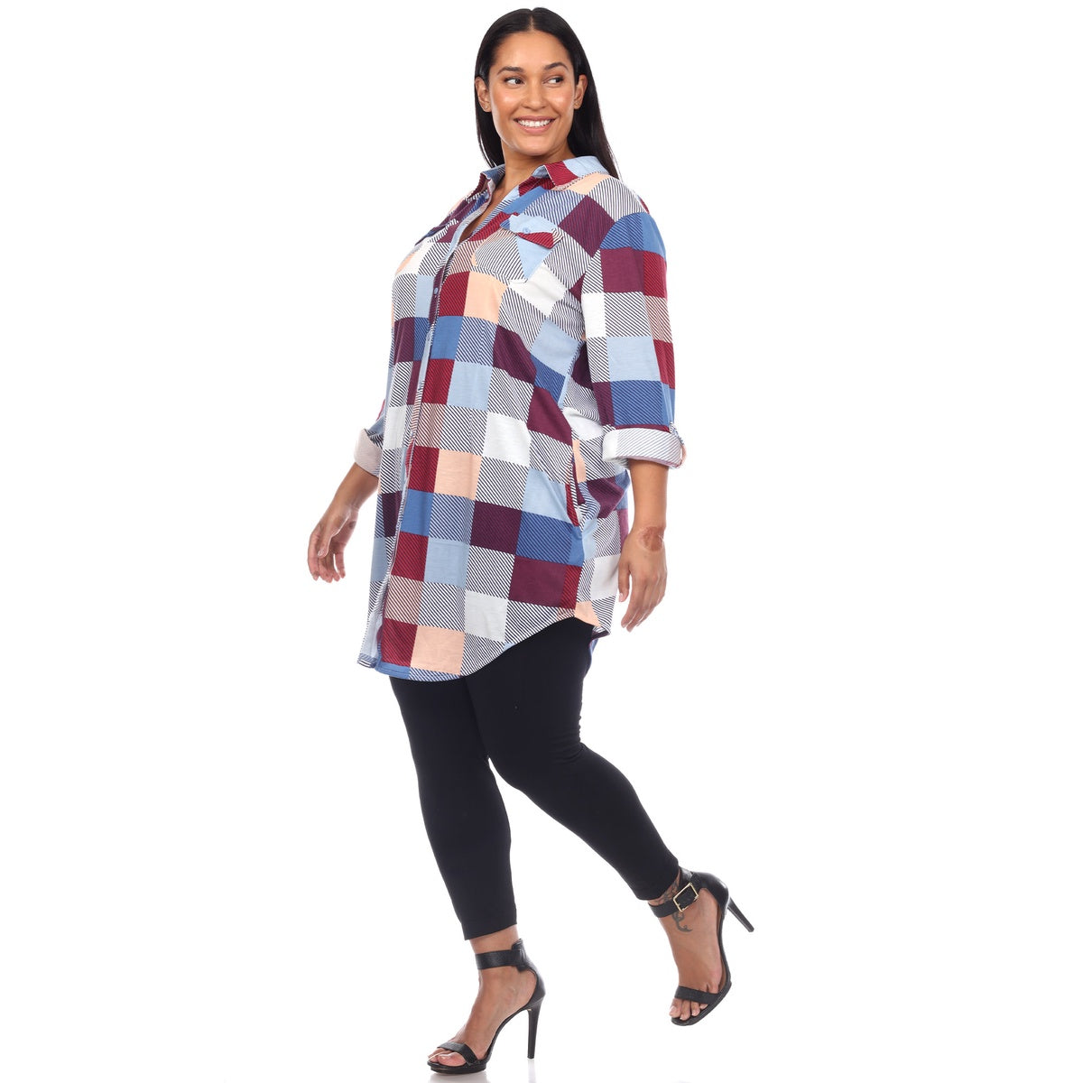  White Mark Plus Size Plaid Button Down Tunic Shirt - 1X - Bonton