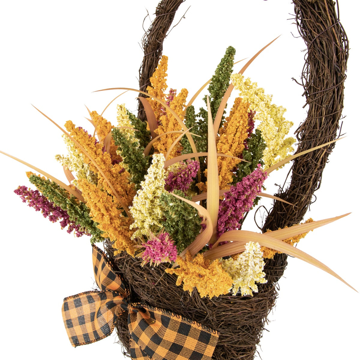  Northlight Autumn Harvest Hanging Basket With Artificial Foliage and Checkered Bow - 22