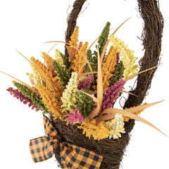 Autumn Harvest Hanging Basket With Artificial Foliage and Checkered Bow - 22"