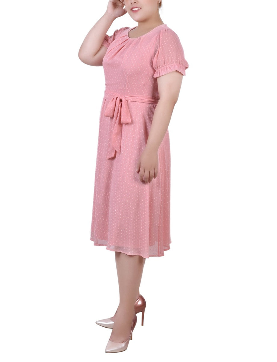  NY Collection Plus Size Short Sleeve Belted Swiss Dot Dress - Mellow Rose Rectangle - Bonton