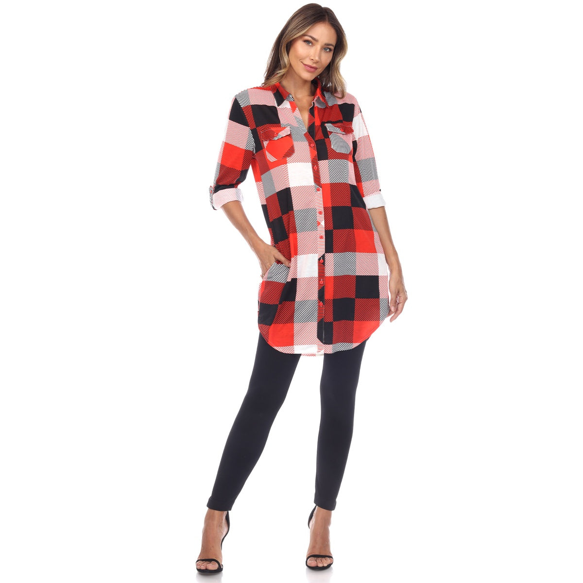  White Mark Women's Plaid Button Down Tunic Top - S - Bonton