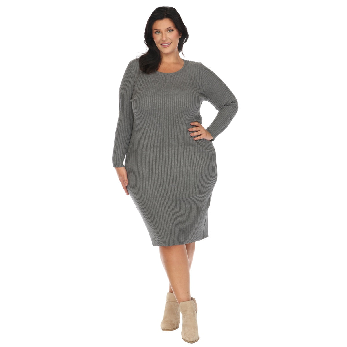  White Mark Plus Size Long Sleeve Rib Midi Sweater Dress - 1X - Bonton