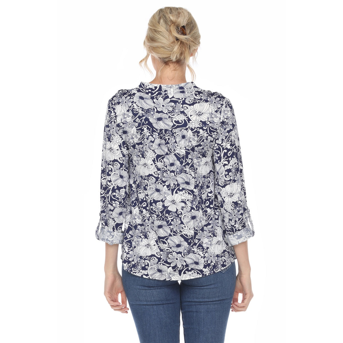  White Mark Women's Pleated Long Sleeve Floral Print Blouse - S - Bonton