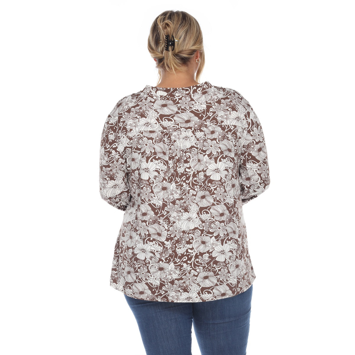  White Mark Plus Size Pleated Long Sleeve Floral Print Blouse - 1X - Bonton