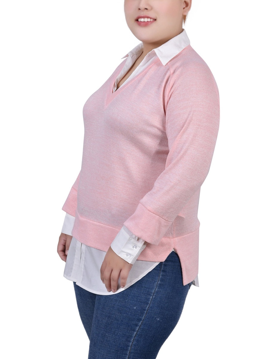  NY Collection Plus Size Long Sleeve Two-Fer Top - Peach White - Bonton