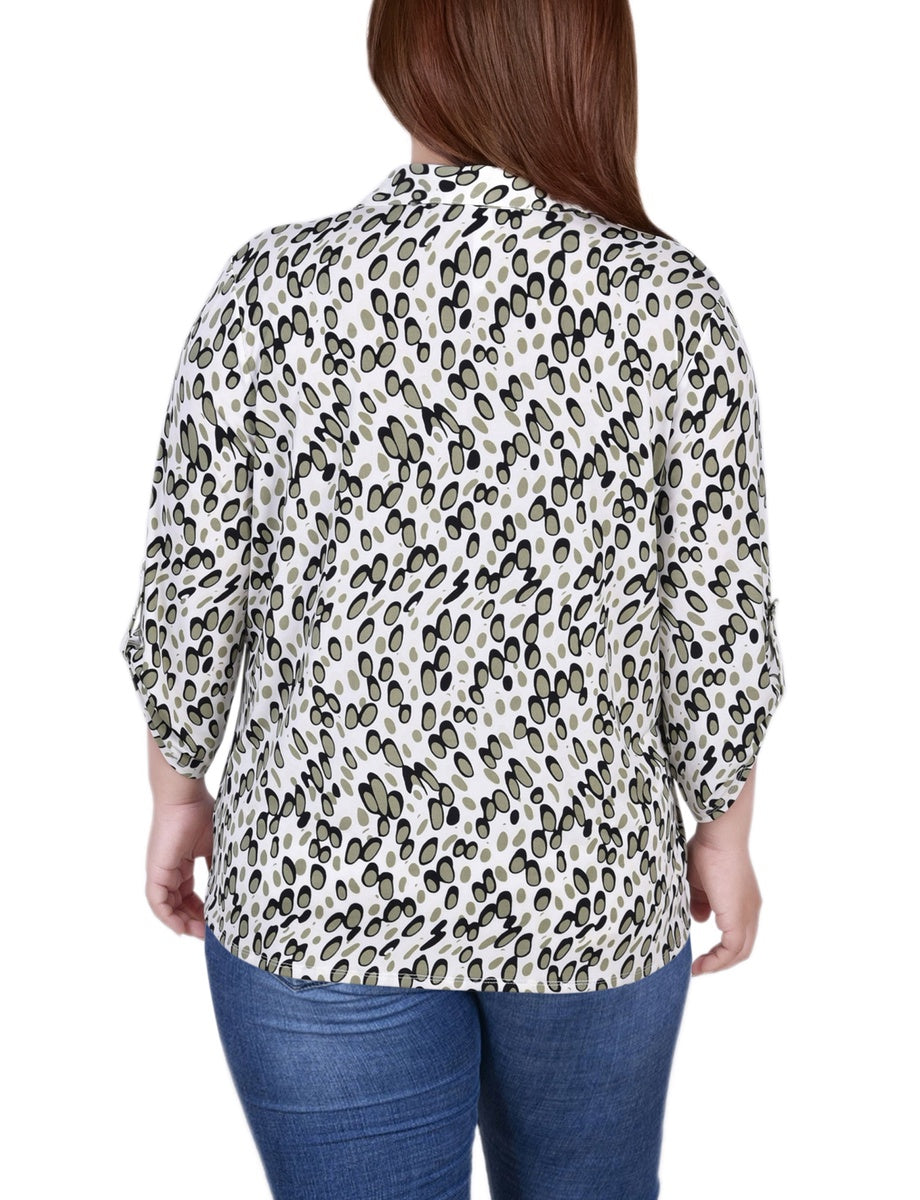  NY Collection Plus Size 3/4 Roll Tab Sleeve Studded Y Neck Top - Royal Abstract - Bonton