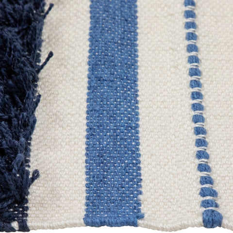 3.5' X 2.25' Blue  Cream and Black Striped Handloom Woven Outdoor Accent Throw Rug