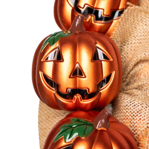 Jack-O-Lantern and Burlap Ribbon Halloween Wreath - 20" - Unlit