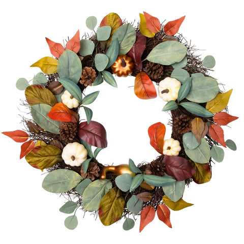 Pumpkin  Pinecone  and Gourd Artificial Fall Harvest Wreath  24-Inch  Unlit