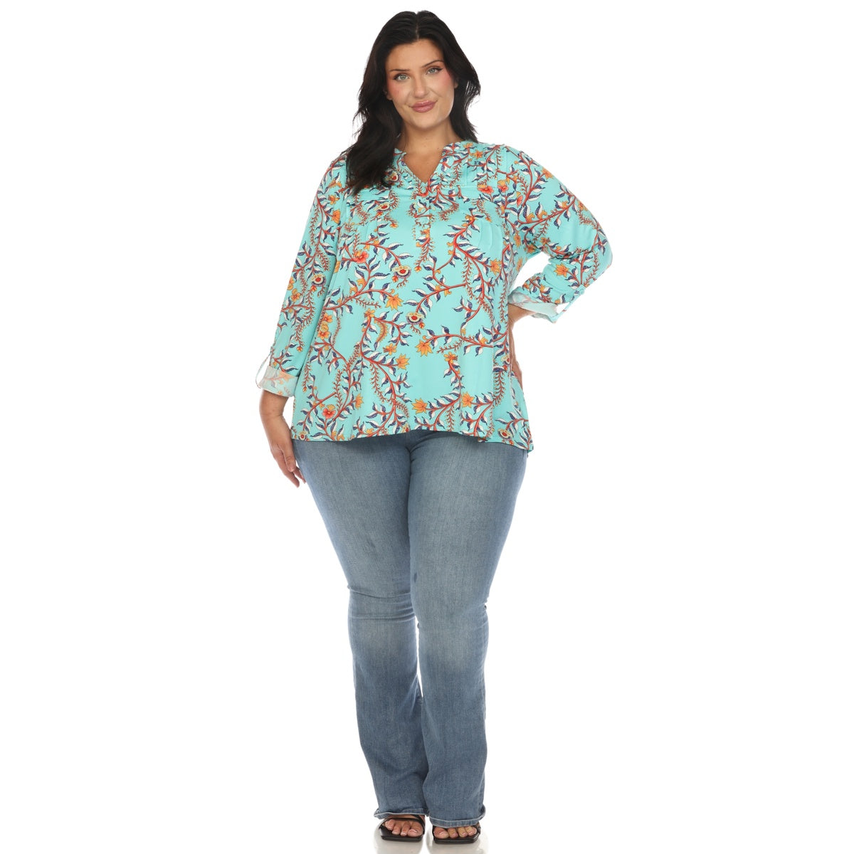  White Mark Plus Size Paisley Button Front Tunic Top - 1X - Bonton