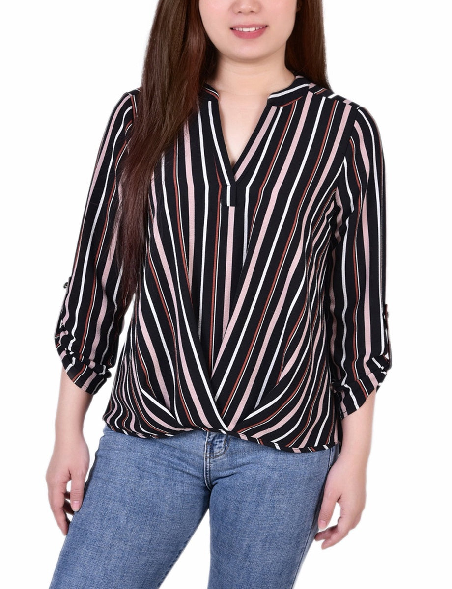  NY Collection Petite 3/4 Sleeve Mandarin Collar Blouse With Front Pleats - Black Mauve Stripe - Bonton
