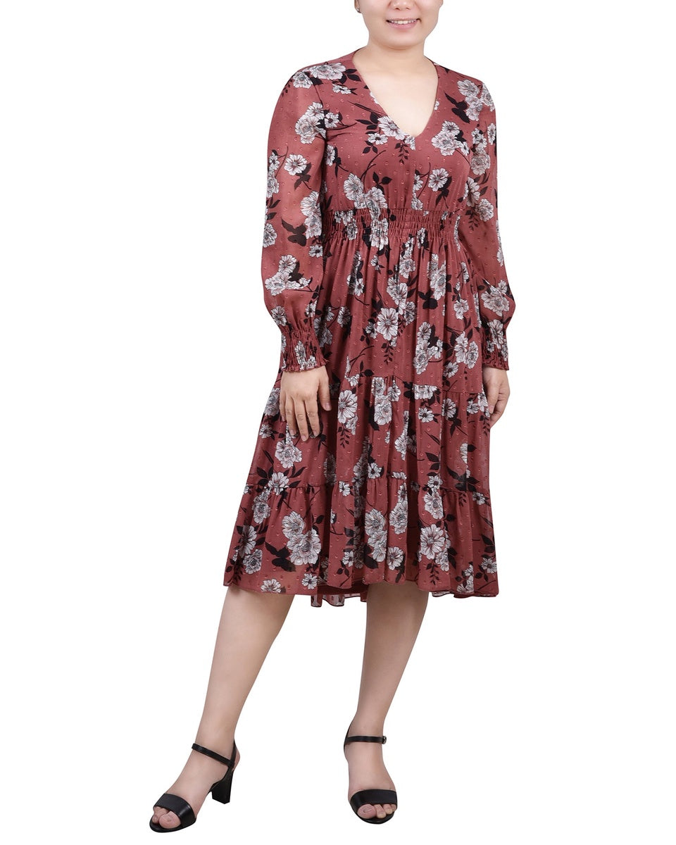  NY Collection Long Sleeve Clip Dot Chiffon Dress With Smocked Waist and Cuffs - Aqua Stembloom - Bonton