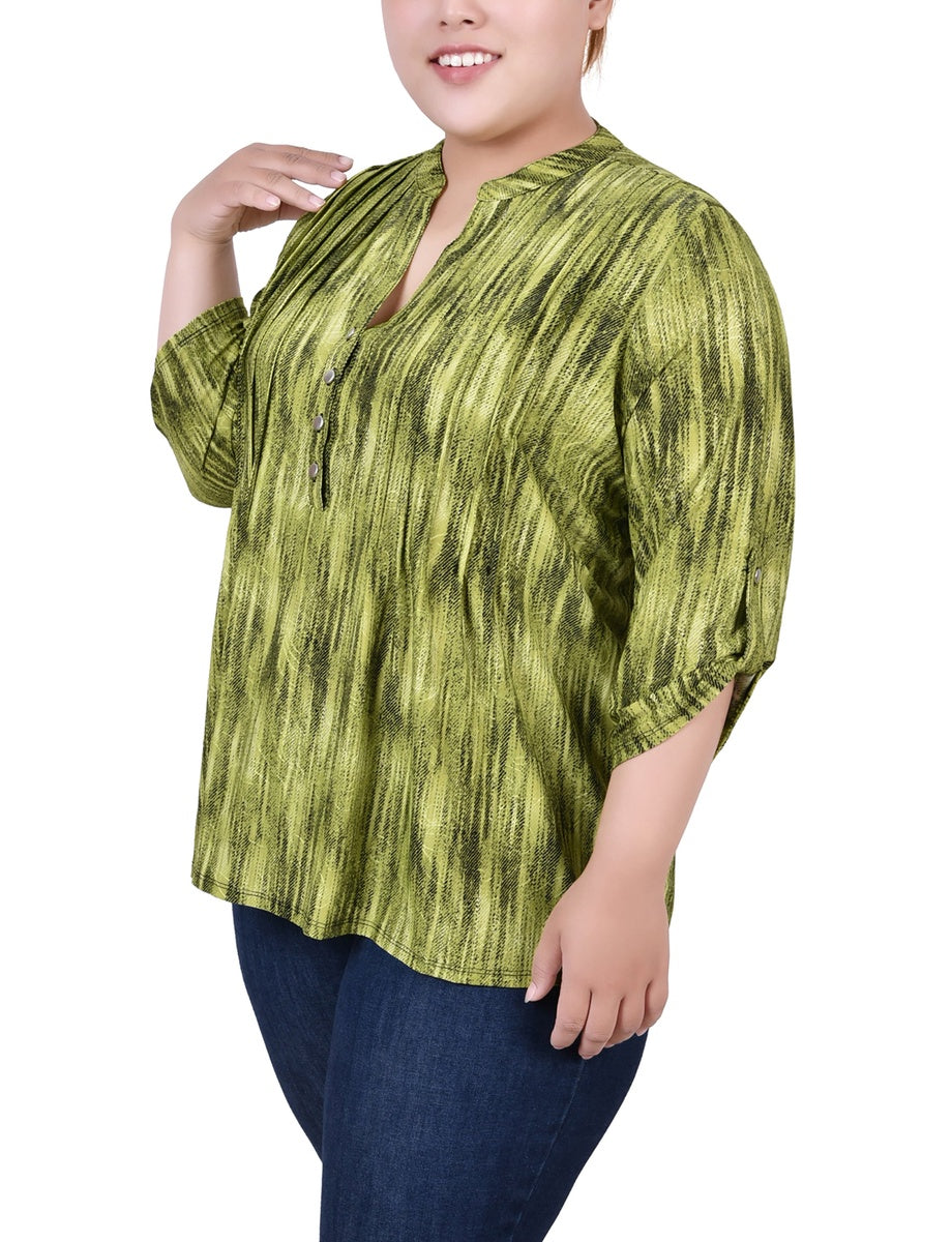  NY Collection Plus Size 3/4 Roll Tab Sleeve Y Neck Top - Grey Floral - Bonton