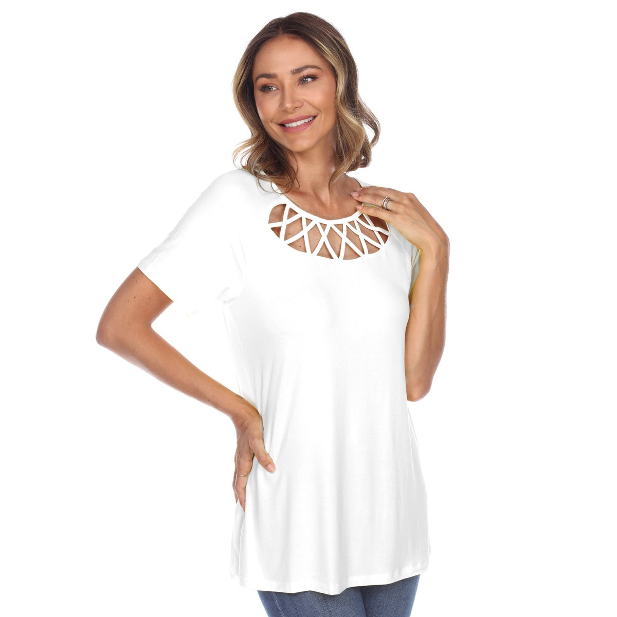  White Mark Women's Crisscross Cutout Short Sleeve Top - S - Bonton