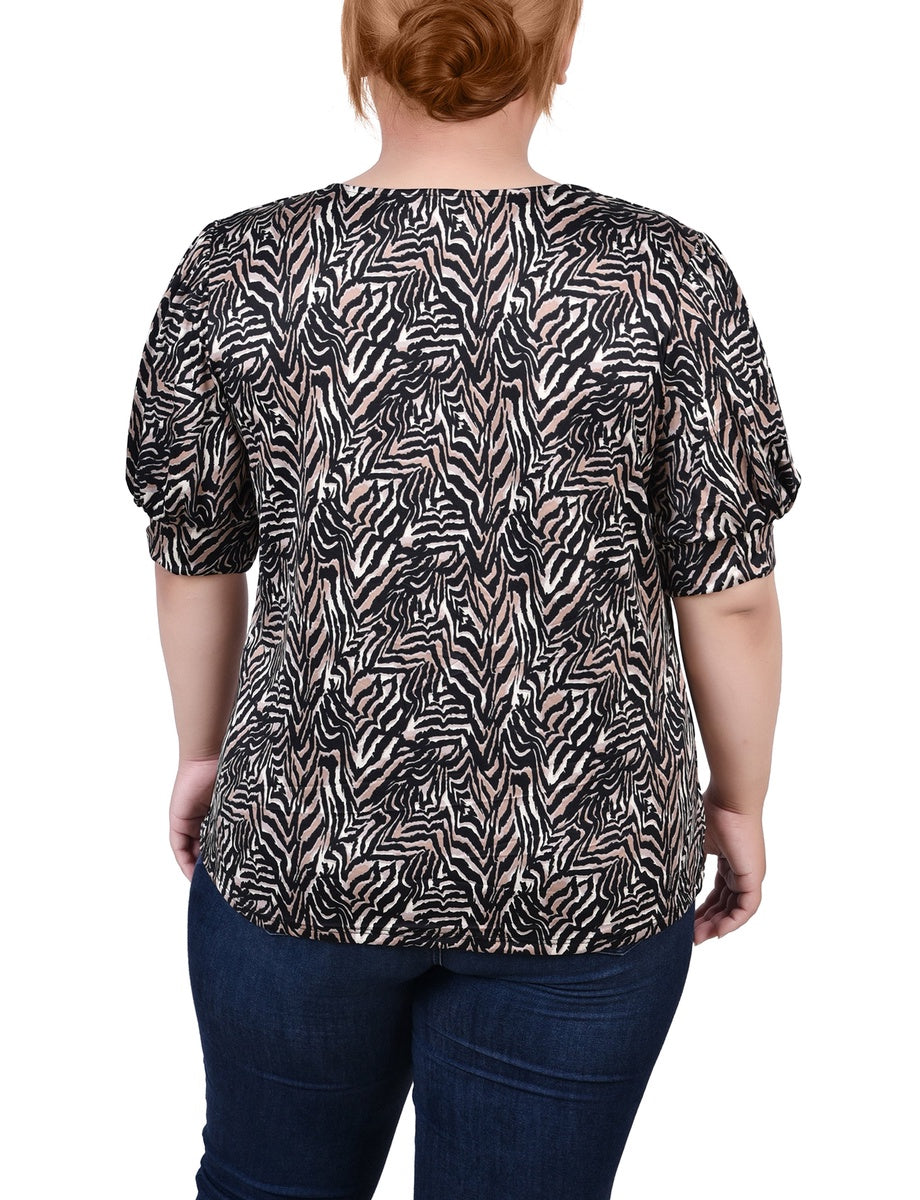  NY Collection Plus Size Short Sleeve Balloon Sleeve Top With Hardware - Black Taupe Zebra - Bonton