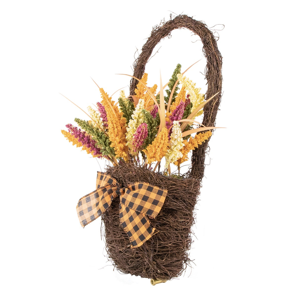  Northlight Autumn Harvest Hanging Basket With Artificial Foliage and Checkered Bow - 22