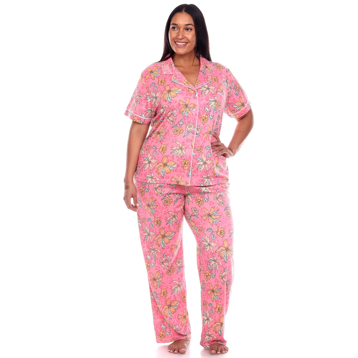  White Mark Plus Size Short Sleeve & Pants Tropical Pajama Set - 3X - Bonton