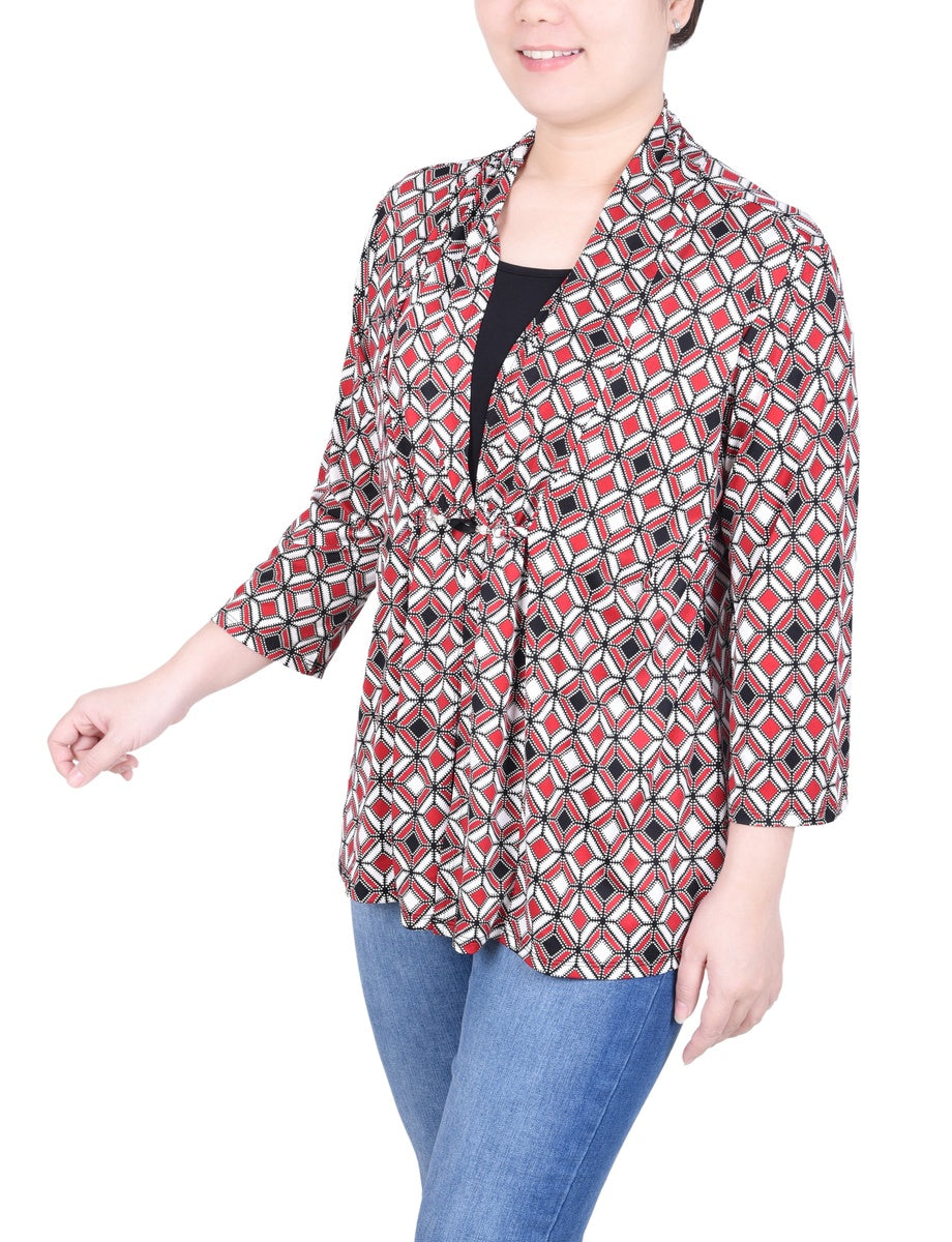  NY Collection Petite Puff Print 3/4 Sleeve Two-Fer Top - Jester Red Ivory Geo - Bonton