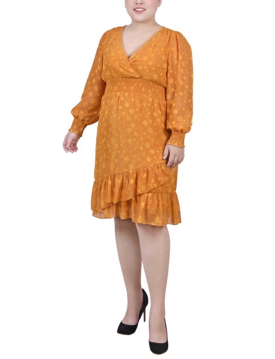  NY Collection Plus Size Long Sleeve Smocked Waist Dress - Mustard Multi Dot - Bonton