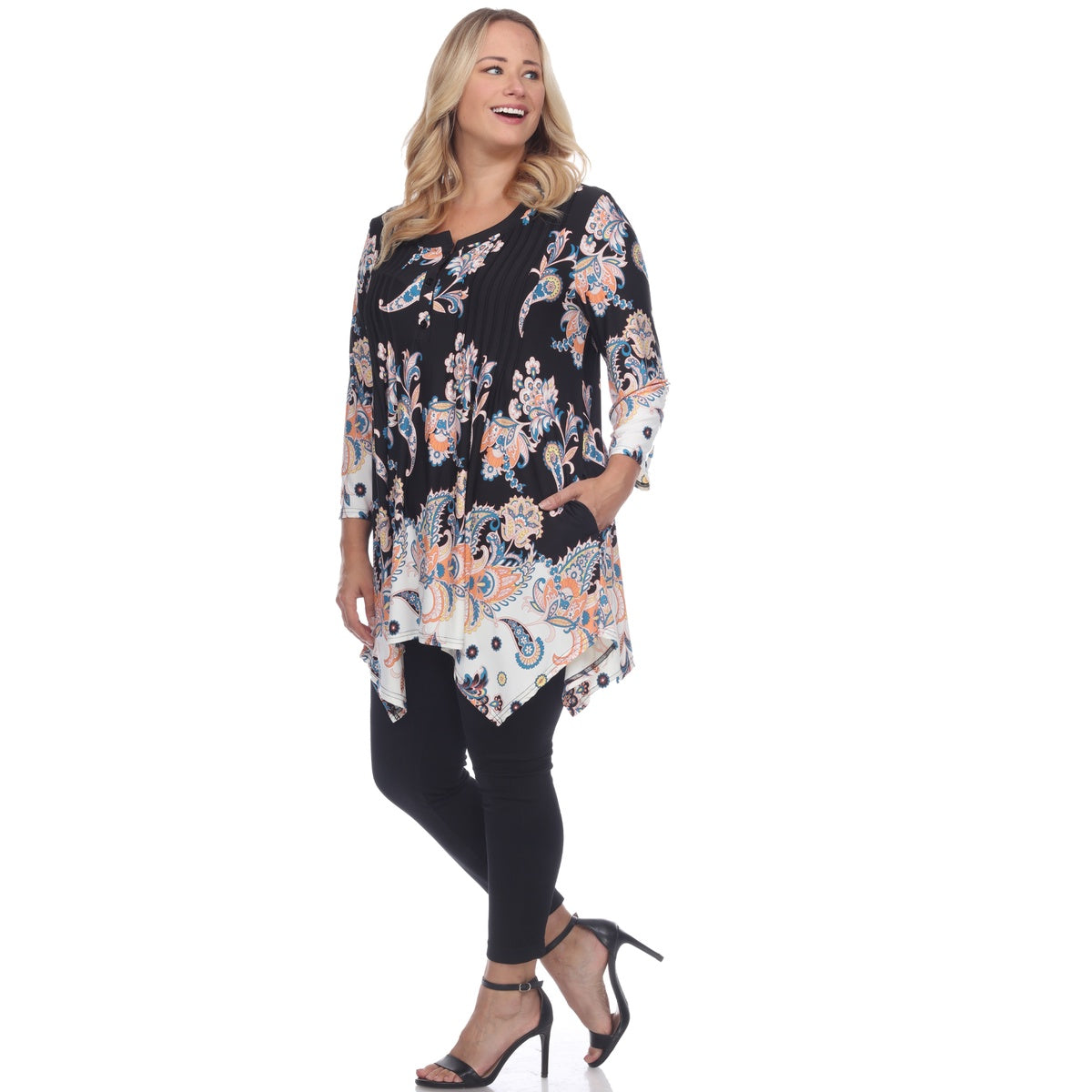  White Mark Plus Size Paisley Scoop Neck Tunic Top With Pockets - 3X - Bonton