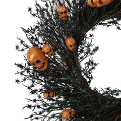 Black and Orange Skulls and Spiders Halloween Twig Wreath  22-Inch  Unlit