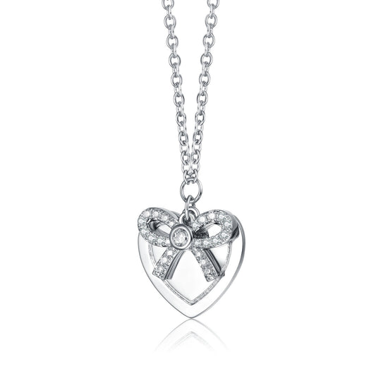 Chic White Gold Plated Bow Tie on Heart Shaped Pendant