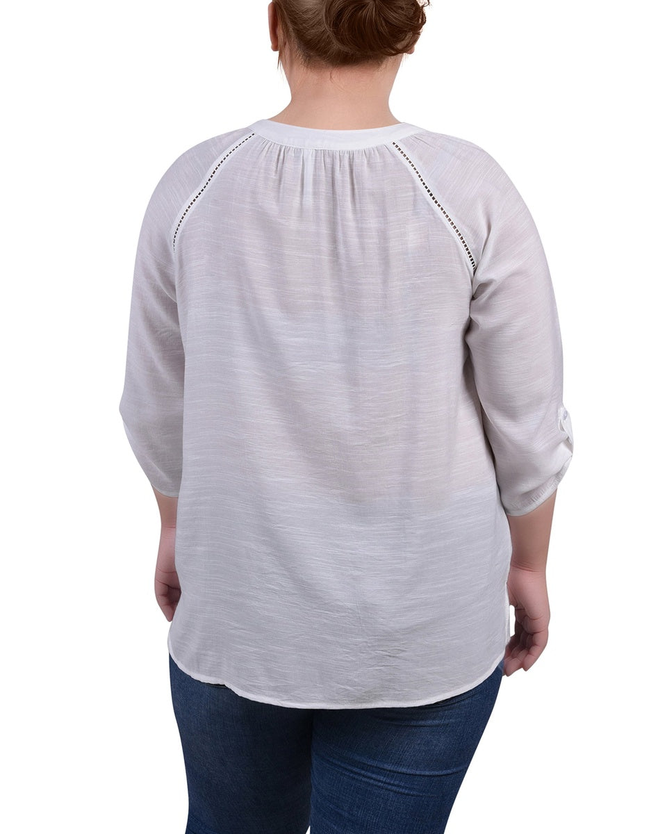  NY Collection Plus Size Raglan Sleeve Split Neck Blouse - Black - Bonton